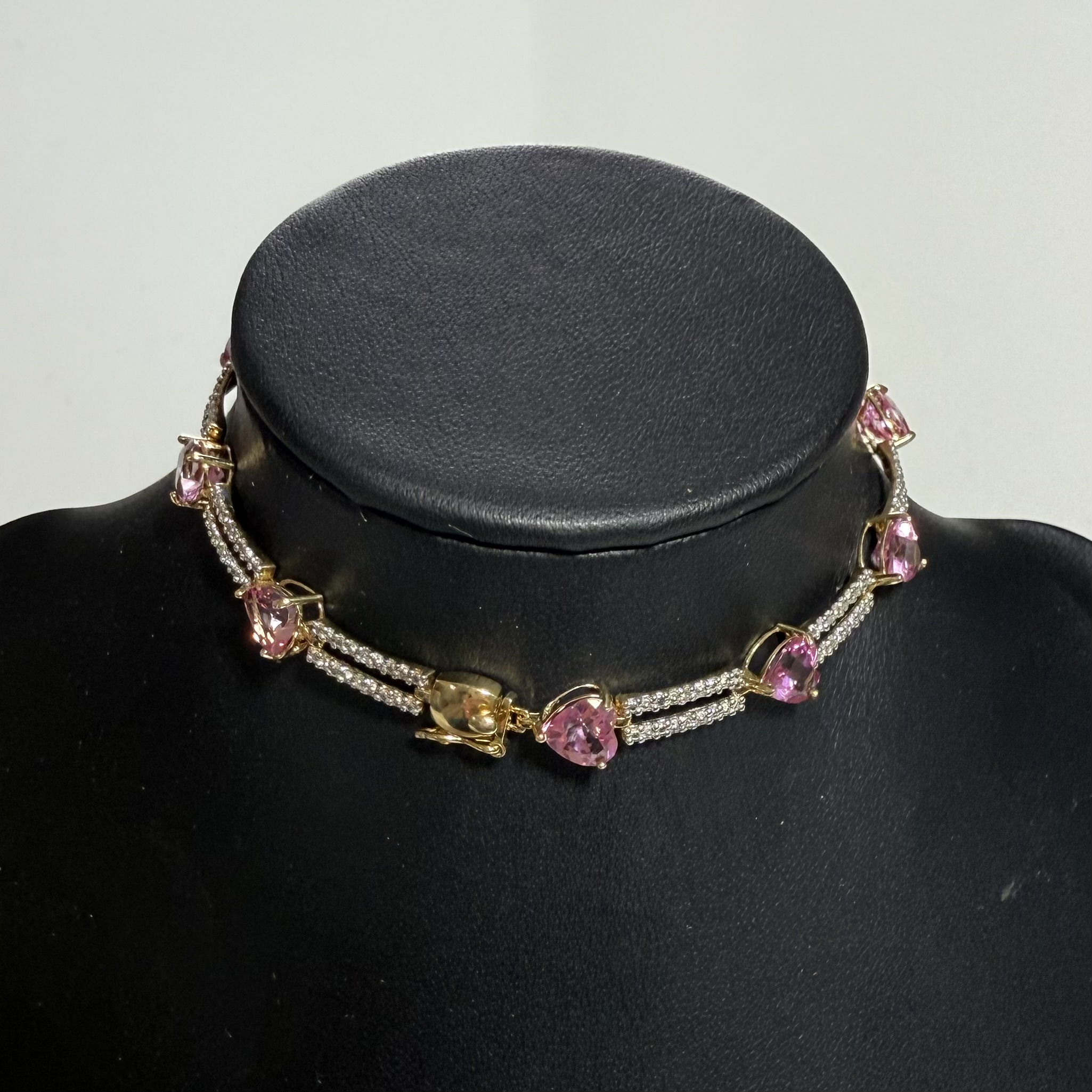 9ct Gold Pink Topaz and Diamond Line Bracelet