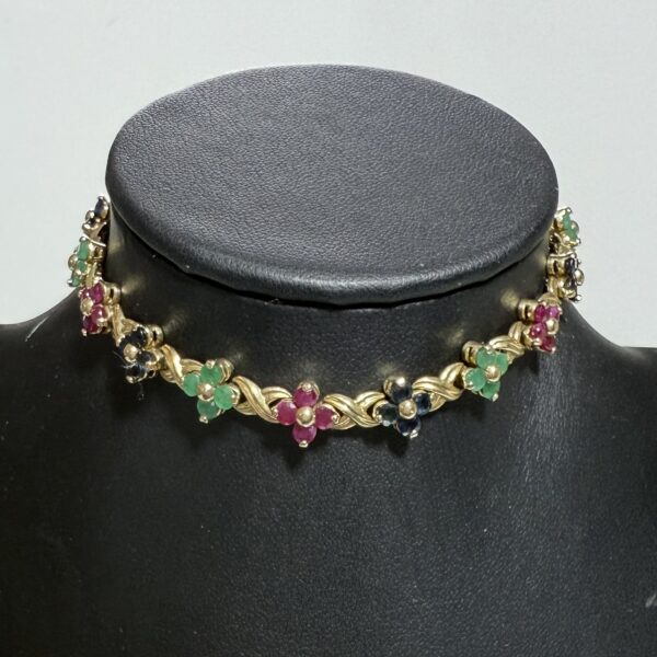 14ct gold Emerald, Sapphire and Ruby cluster bracelet